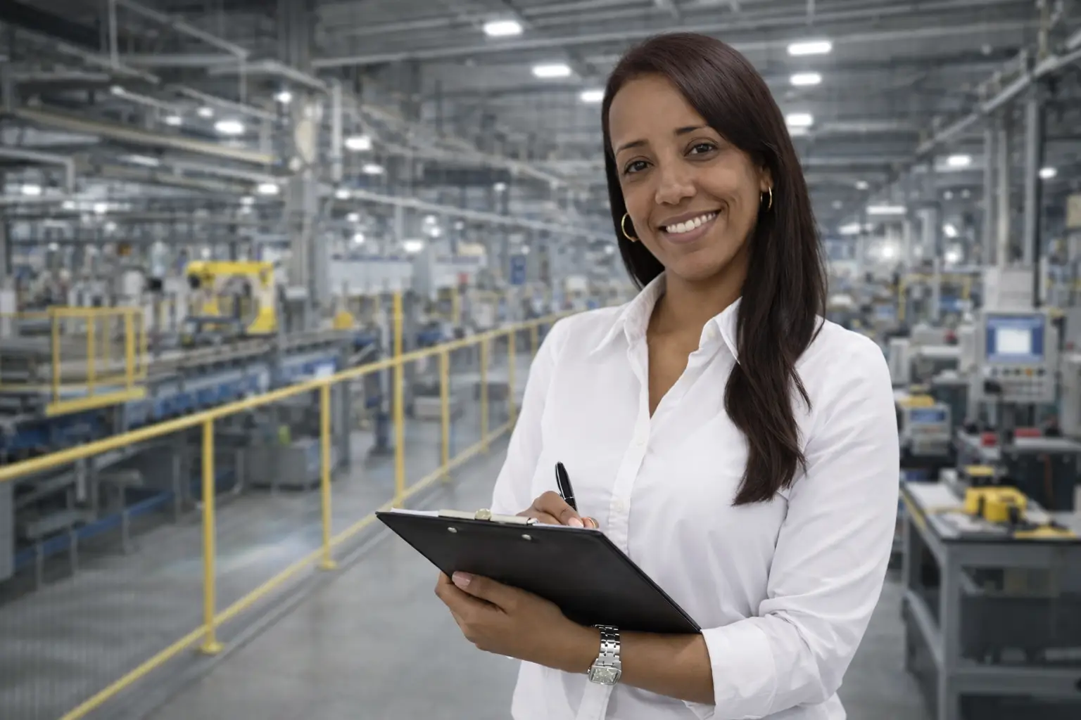 Ingeniera industrial inspeccionando equipos